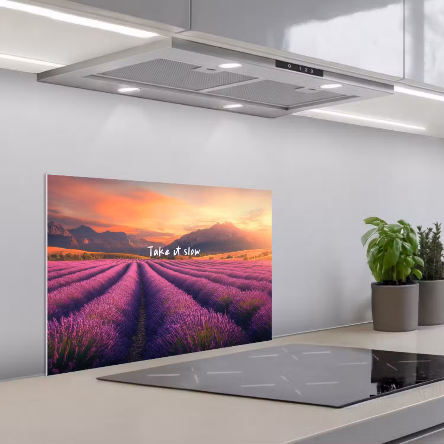 Lavendelveld - Quote - Zonsondergang keuken achterwand spatscherm klein -3d_schuin