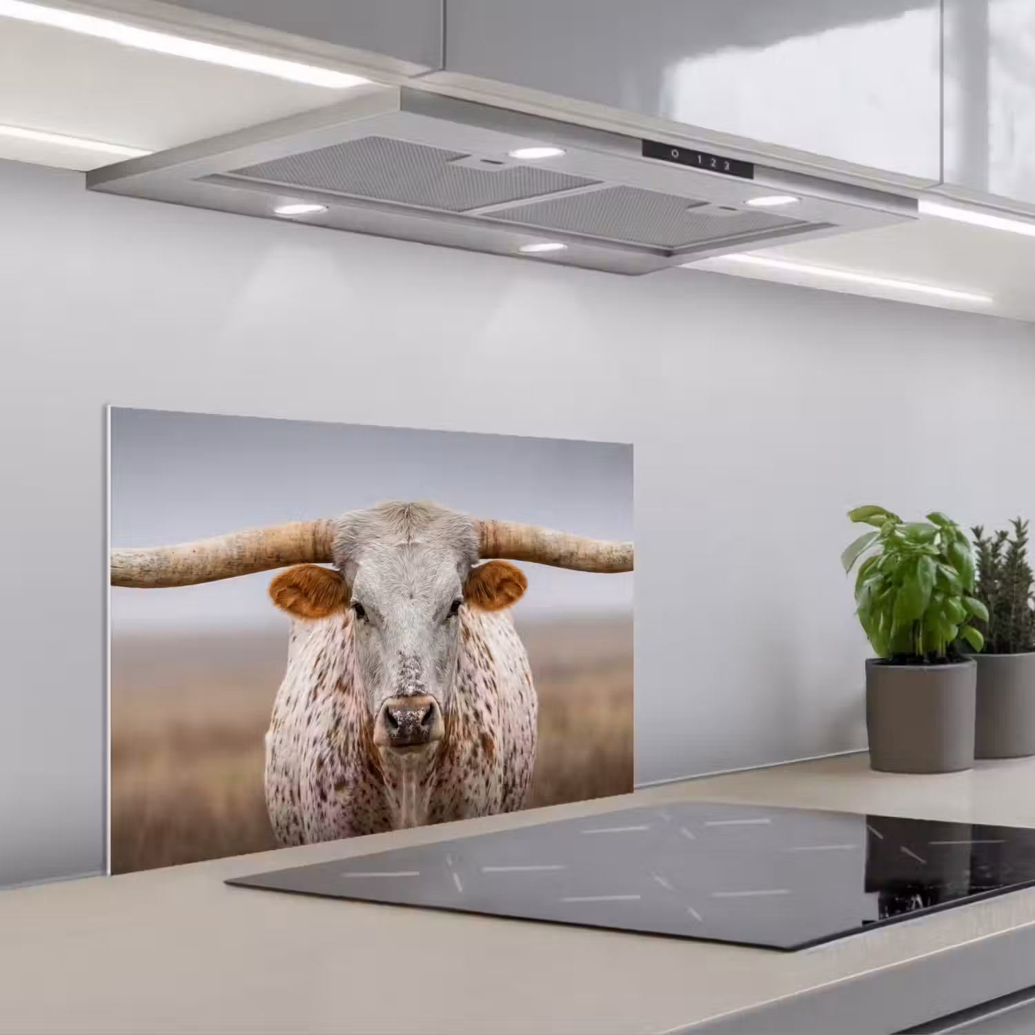 Longhorn - Grasveld - Dier keuken achterwand spatscherm klein -3d_schuin