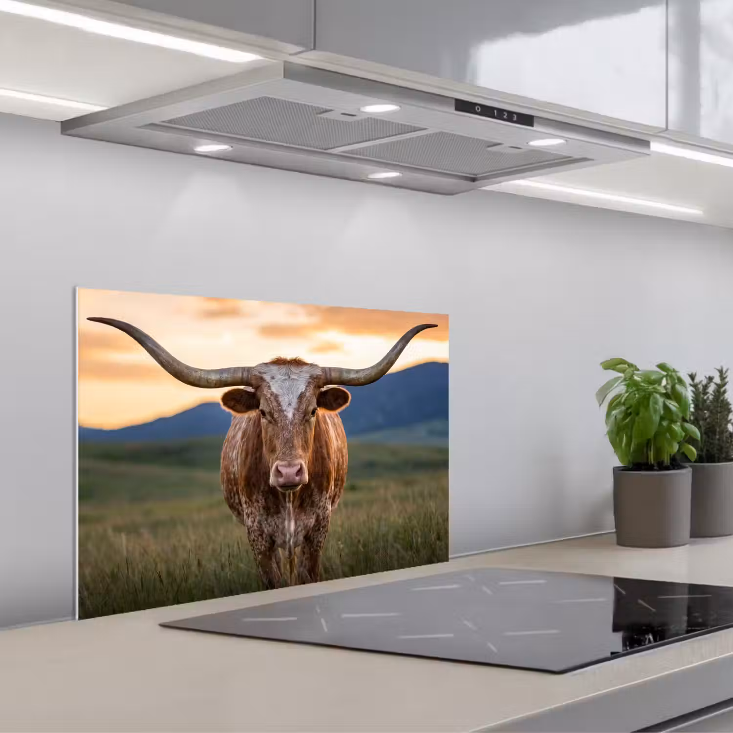 Longhorn - Landschap - Zonsondergang keuken achterwand spatscherm klein -3d_schuin