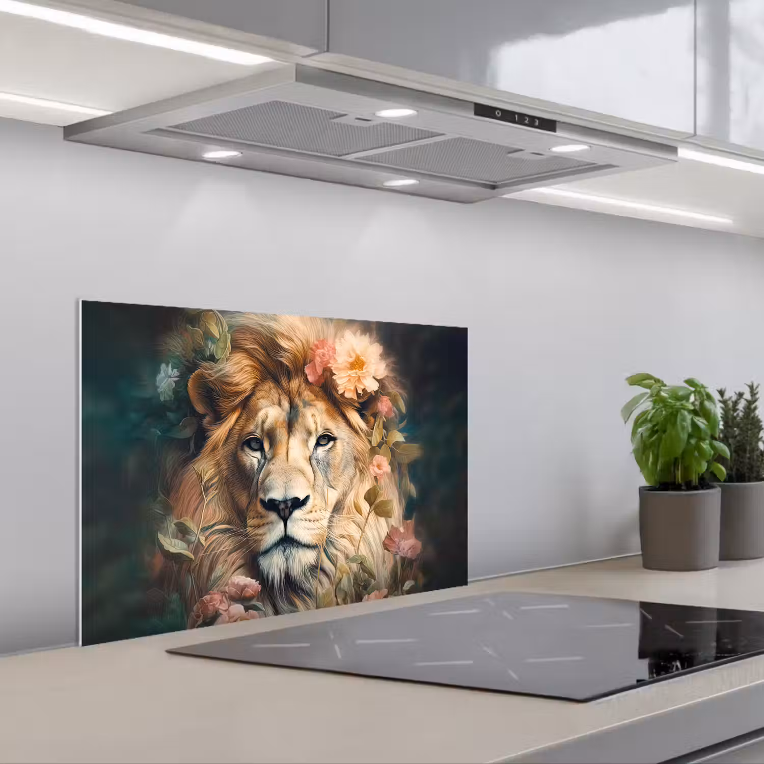 Leeuw - Leeuwenkop - Wilde dieren - Bloemen keuken achterwand spatscherm klein -3d_schuin