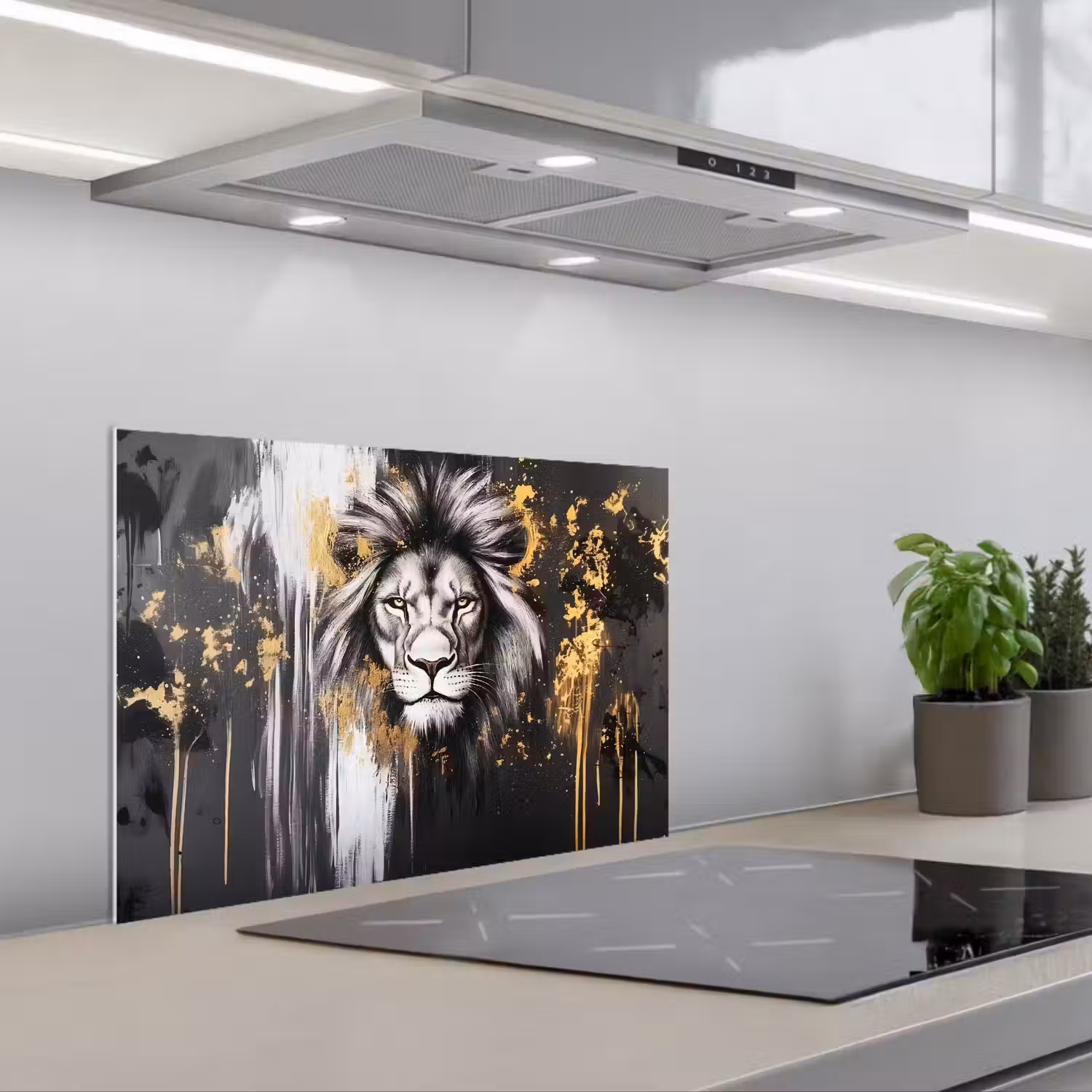 Leeuw - Portret - Verfspatten - Grijs keuken achterwand spatscherm klein -3d_schuin