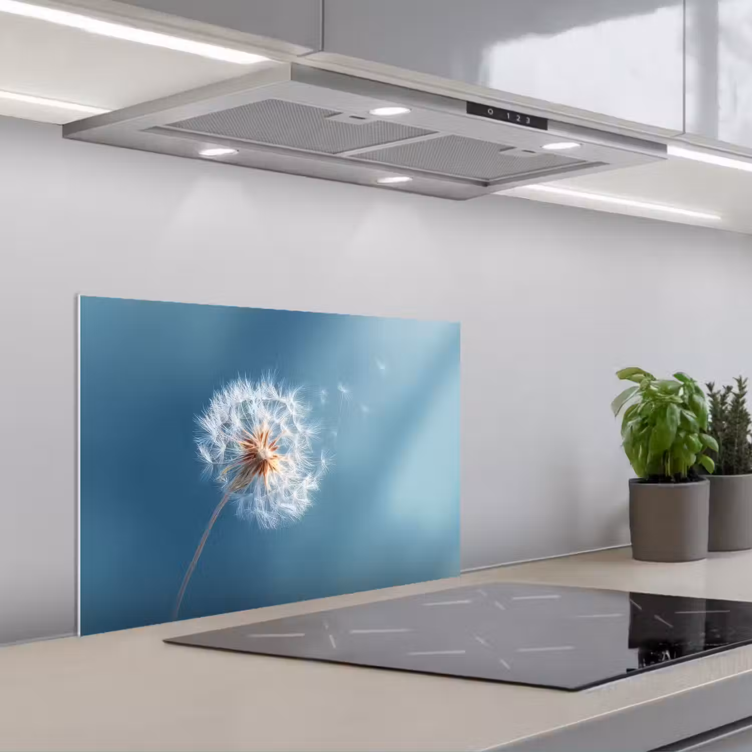 Paardenbloem - Wind - Blauw keuken achterwand spatscherm klein -3d_schuin