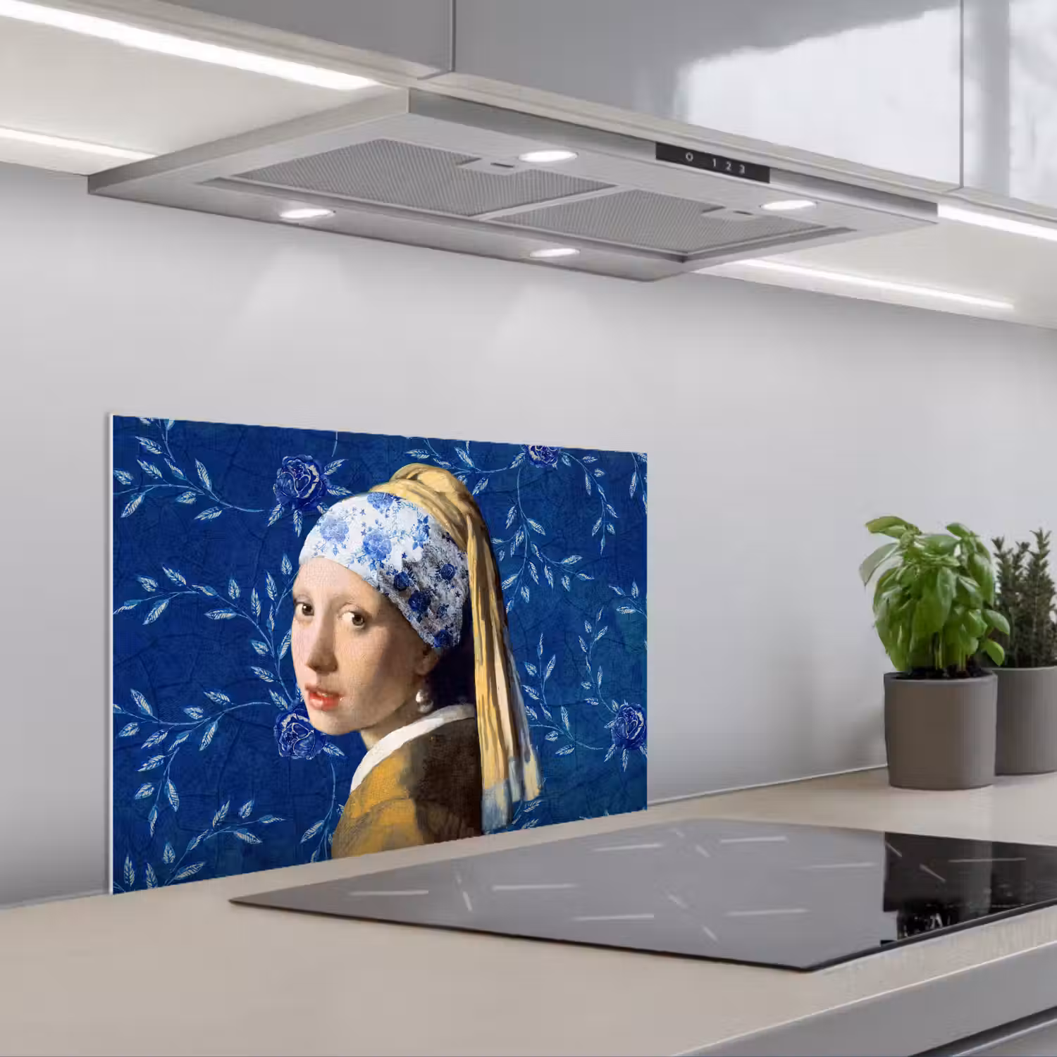 Meisje met de parel - Delfts blauw - Vermeer - Bloemen - Schilderij - Oude meesters keuken achterwand spatscherm klein -3d_schuin