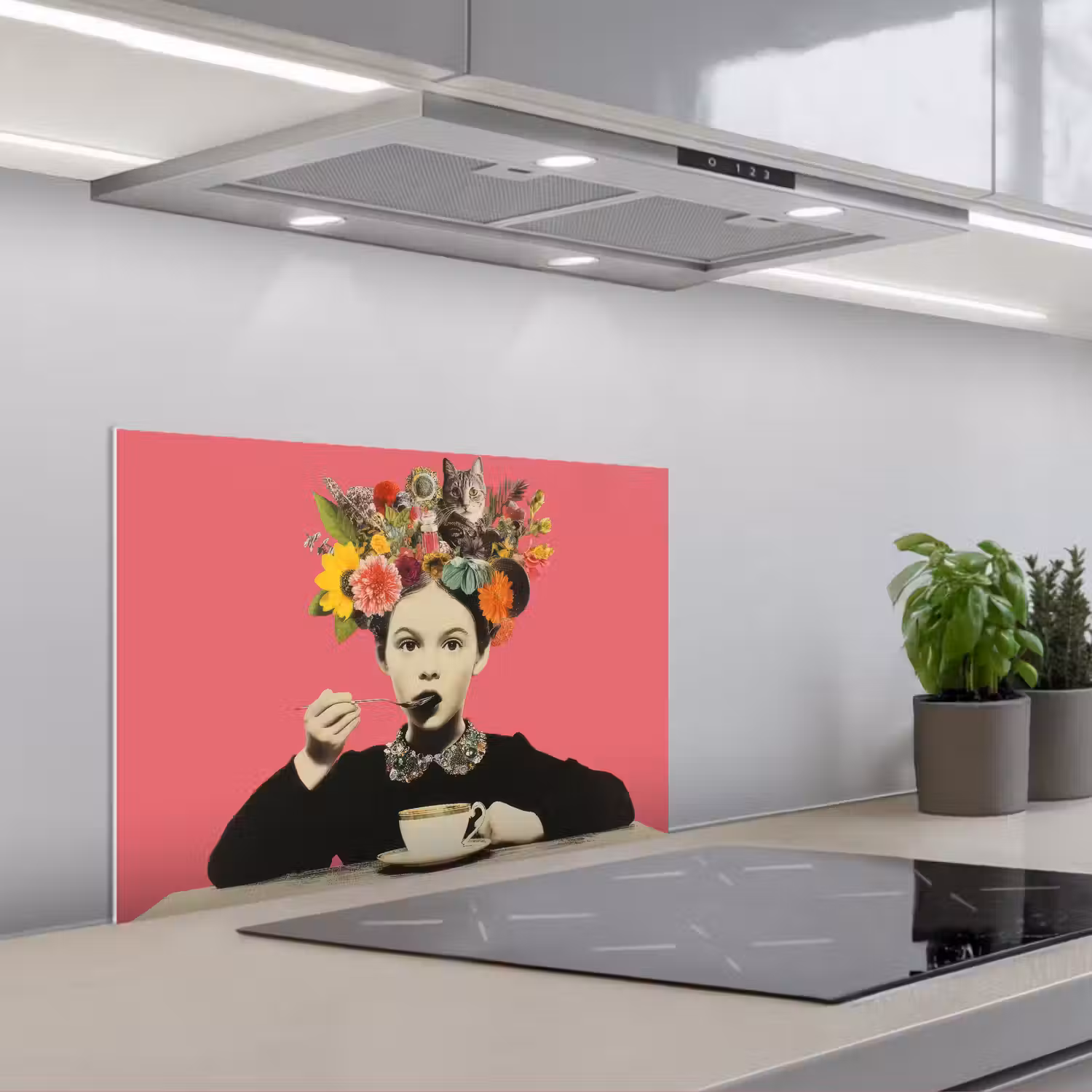 Meisje - Kopje - Bloemen - Roze keuken achterwand spatscherm klein -3d_schuin