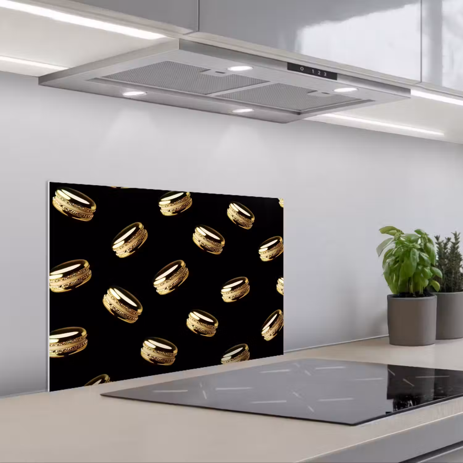 Macarons - Patroon - Goud - Zwart keuken achterwand spatscherm klein -3d_schuin