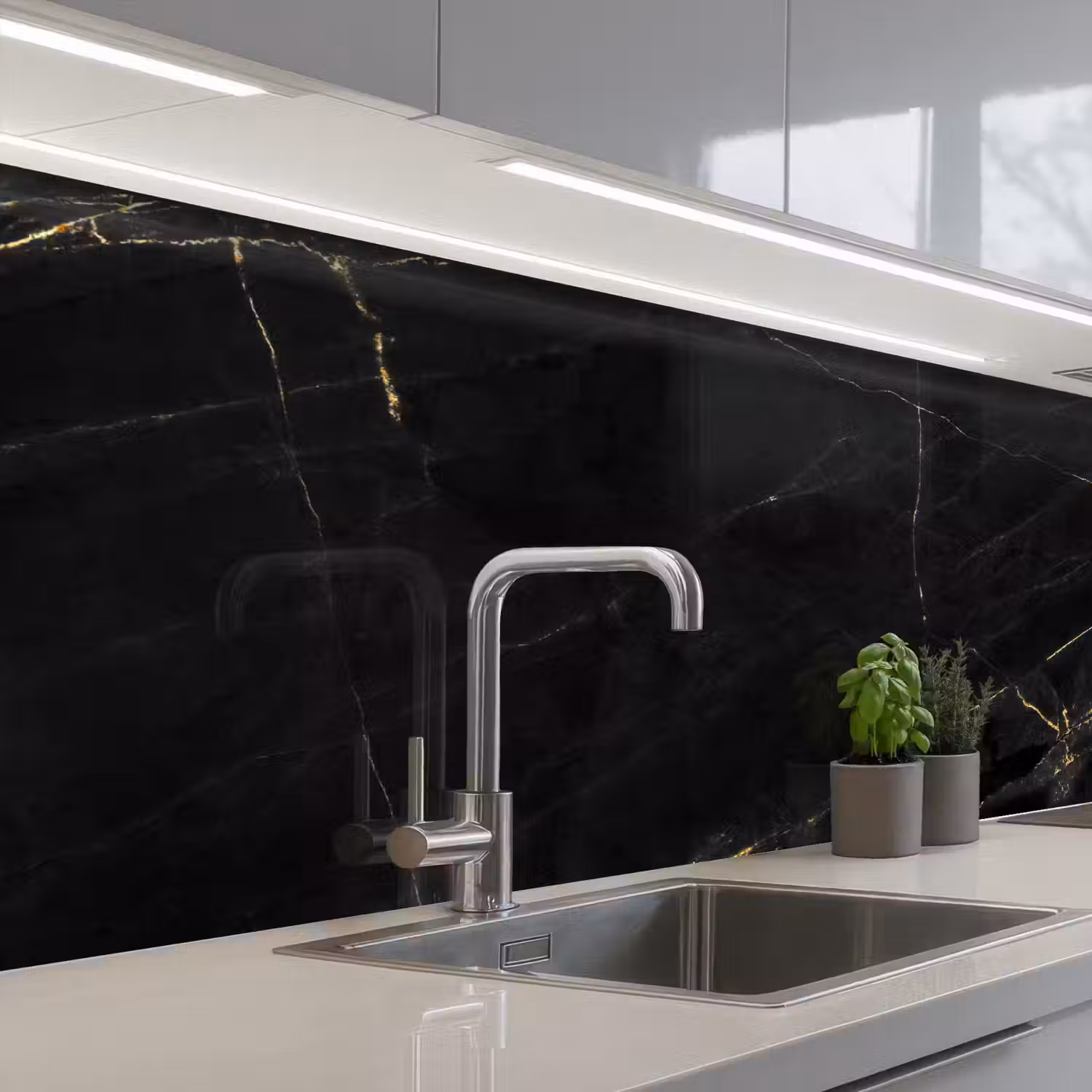Marmer - Zwart - Goud - Chic - Marmerlook - Design keuken achterwand 2 middel -3d_schuin