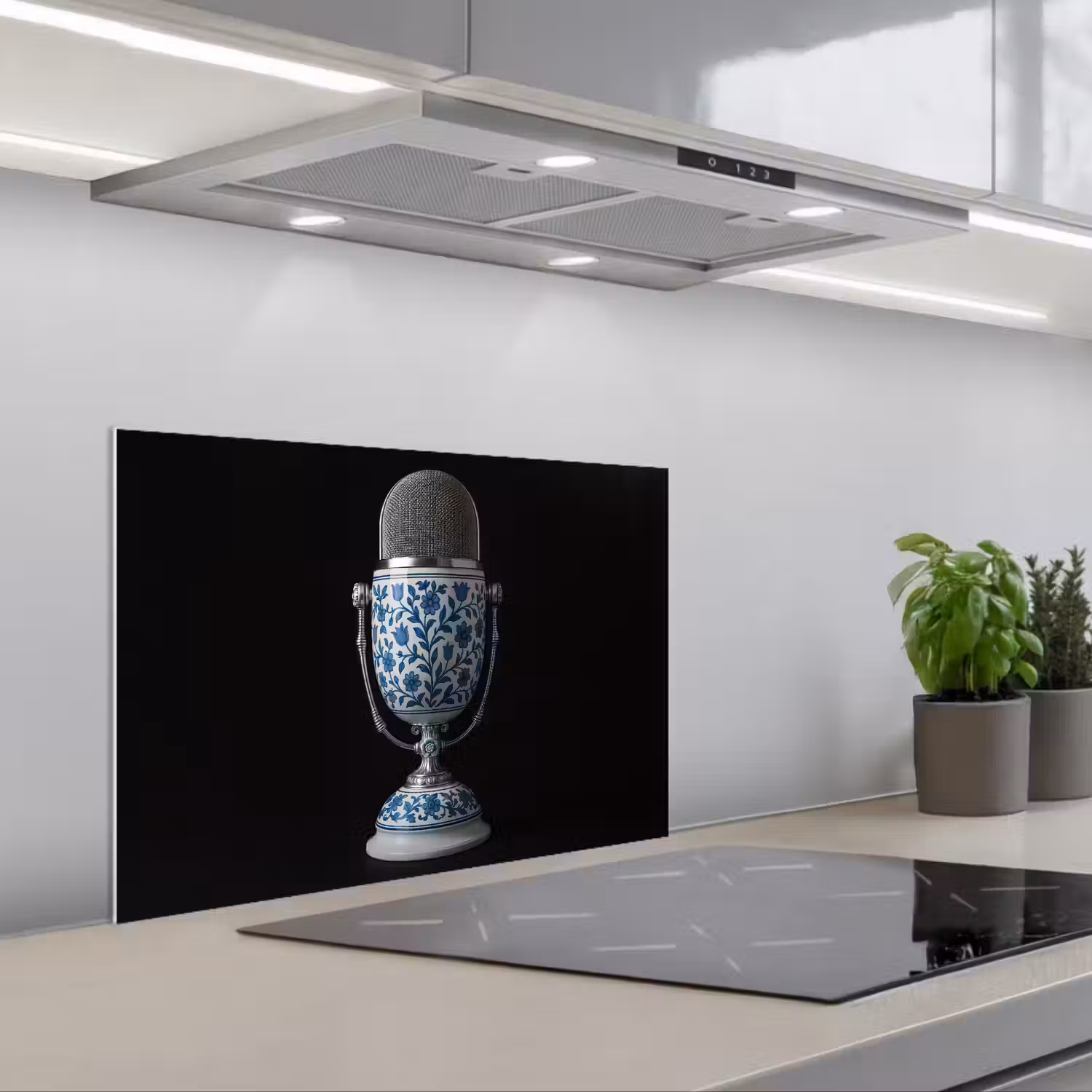 Microfoon - Delfts blauw - Muziek keuken achterwand spatscherm klein -3d_schuin