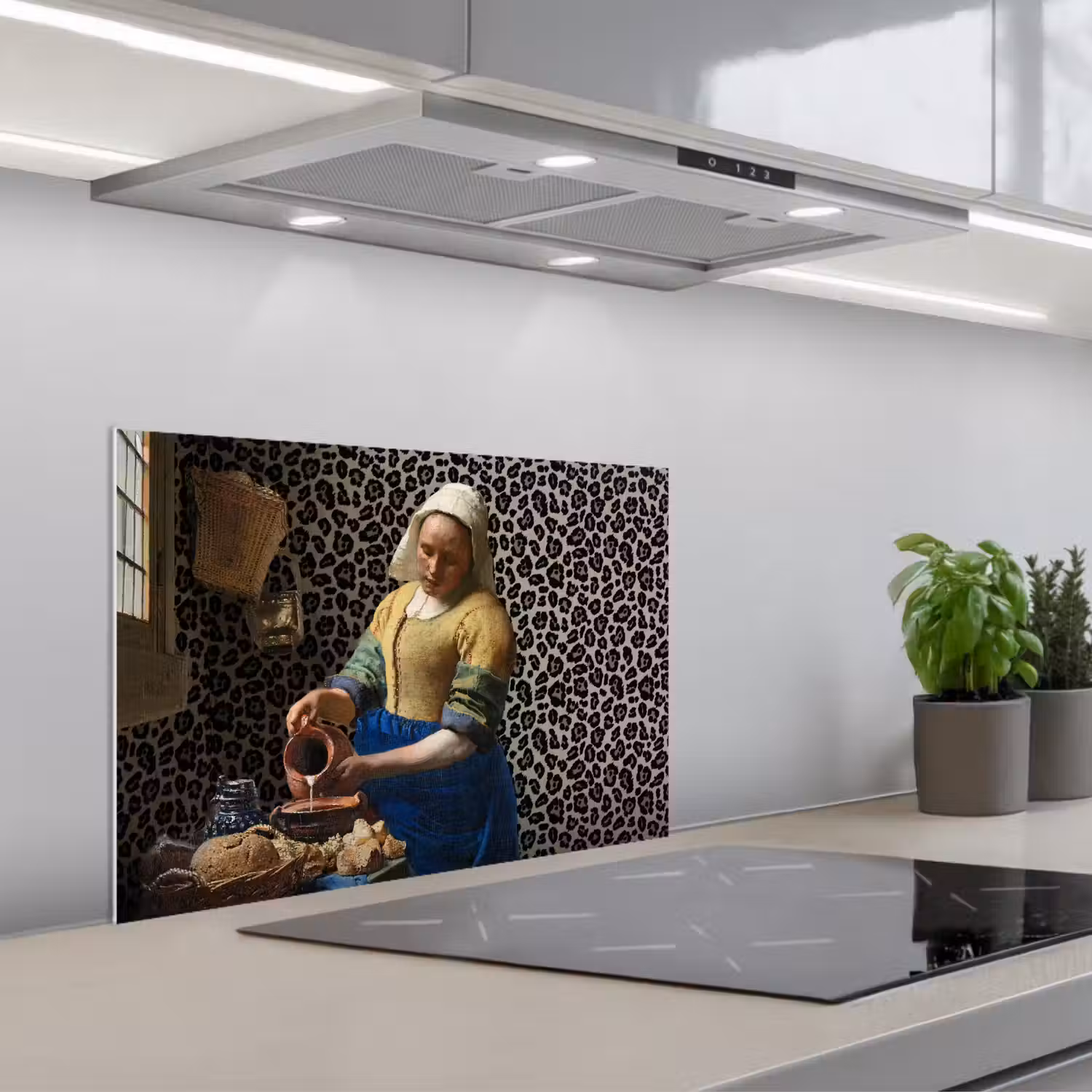 Melkmeisje - Kunst - Panterprint - Vermeer - Schilderij - Oude meesters keuken achterwand spatscherm klein -3d_schuin