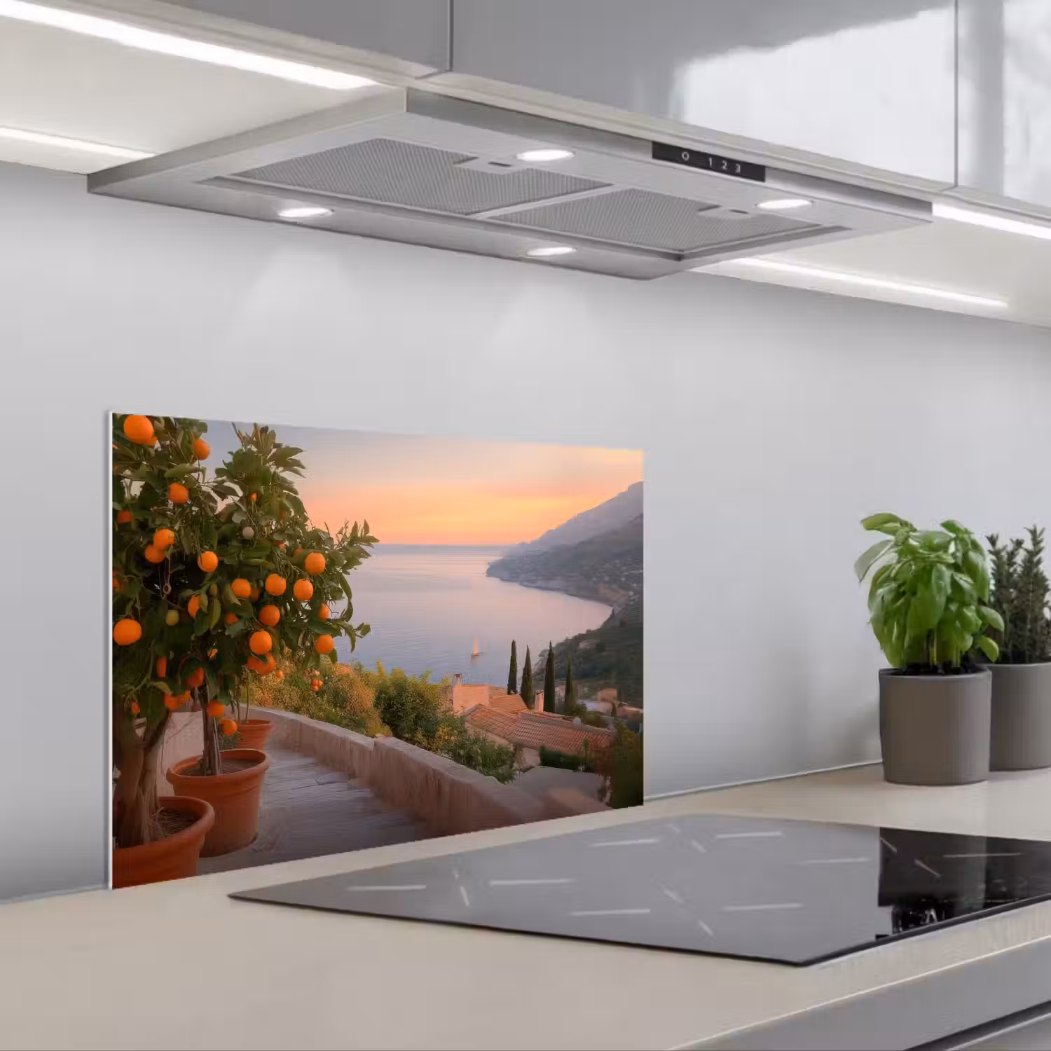 Middelandse zee - Sinaasappel - Heuvels - Zee keuken achterwand spatscherm klein -3d_schuin