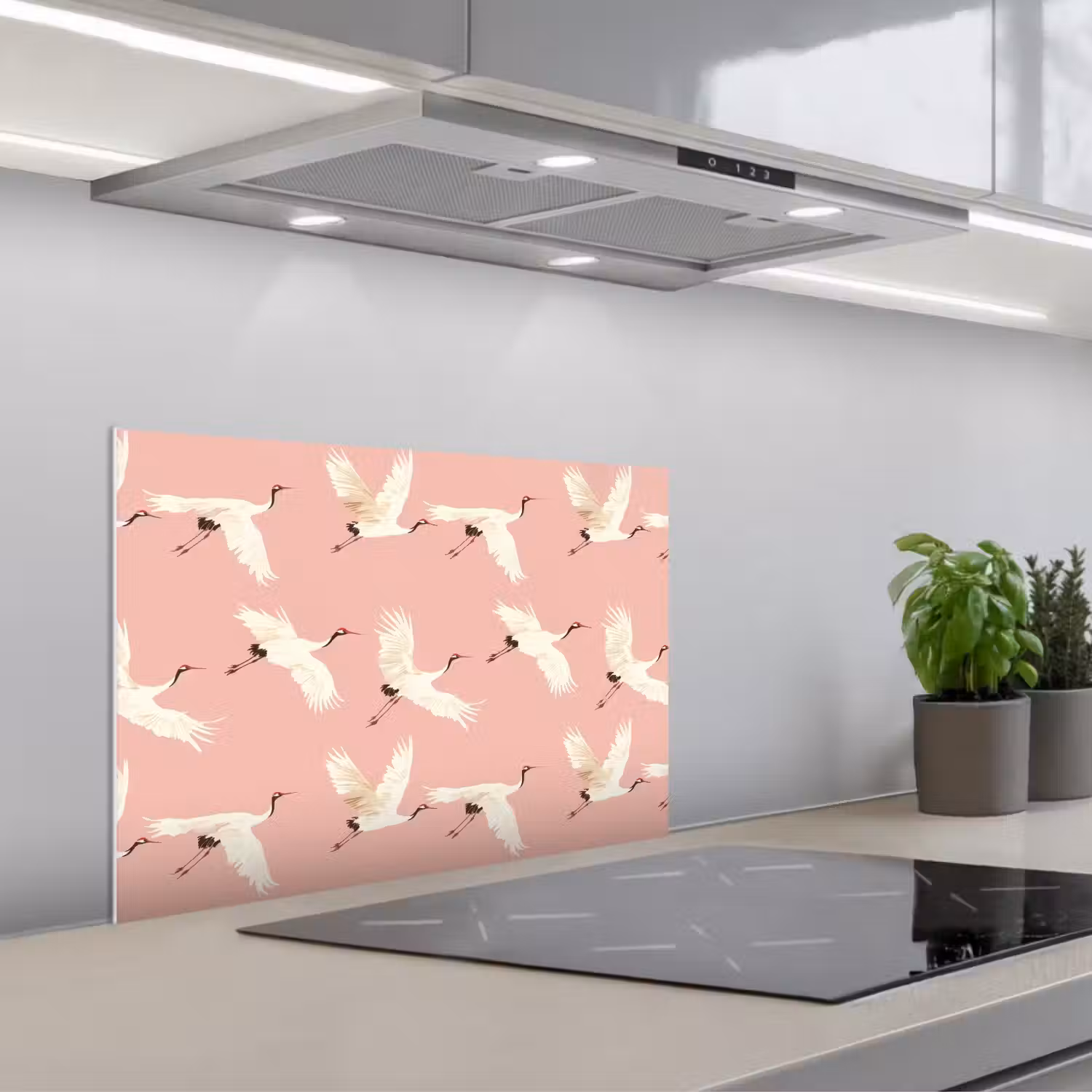 Modern - Kraanvogels - Roze keuken achterwand spatscherm klein 900 -3d_schuin
