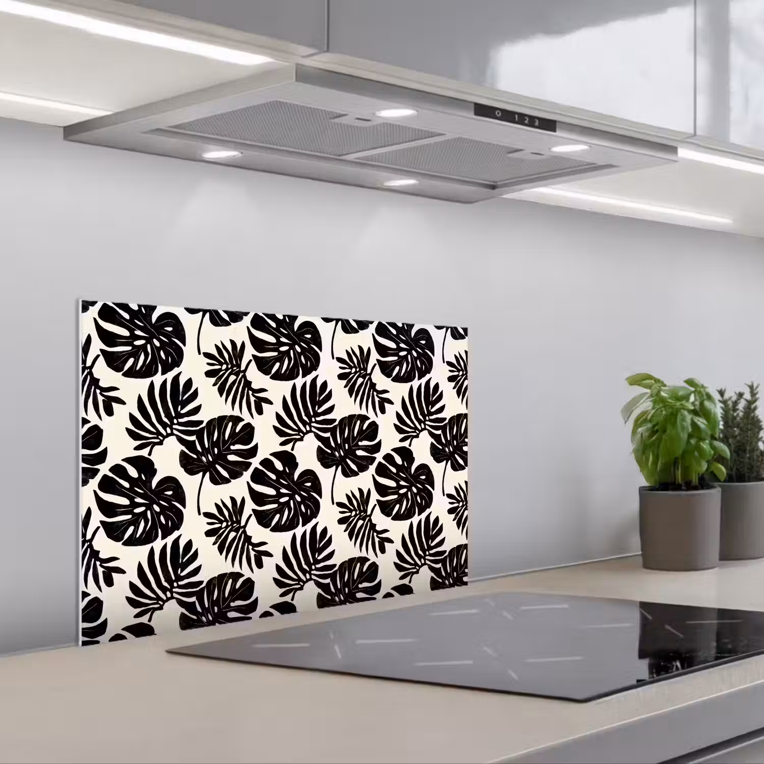 Modern - Monstera - Zwart keuken achterwand spatscherm klein 900 -3d_schuin