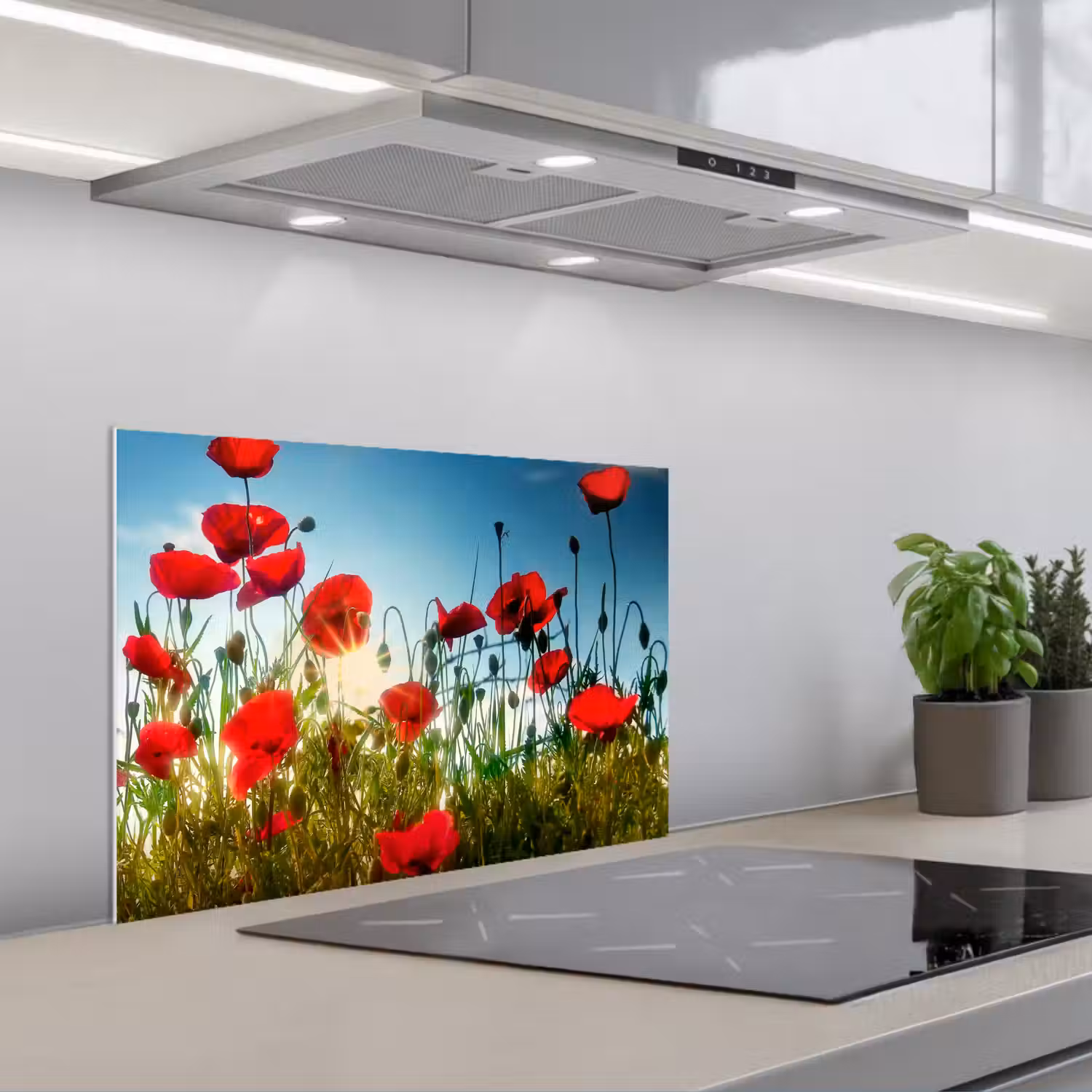 Klaprozen - Toscane - Zon - Rood - Blauw keuken achterwand spatscherm klein -3d_schuin