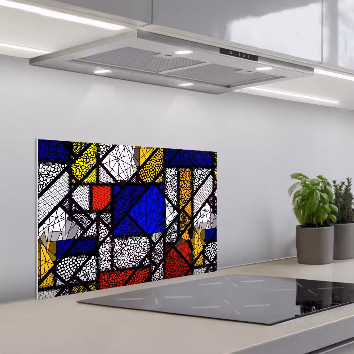 Mondriaan - Glas in lood - Oude Meesters - Kunstwerk - Abstract - Schilderij keuken achterwand spatscherm klein -3d_schuin