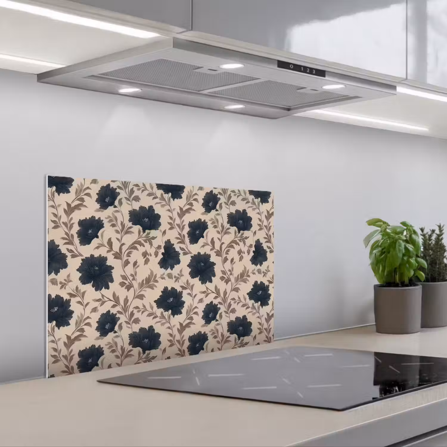 Motief - Bloemen - Zwart - Beige keuken achterwand spatscherm klein 900 -3d_schuin