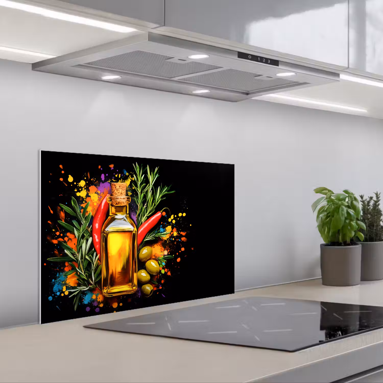 Olijfolie - Graffiti - Peper - Olijven - Modern keuken achterwand spatscherm klein -3d_schuin