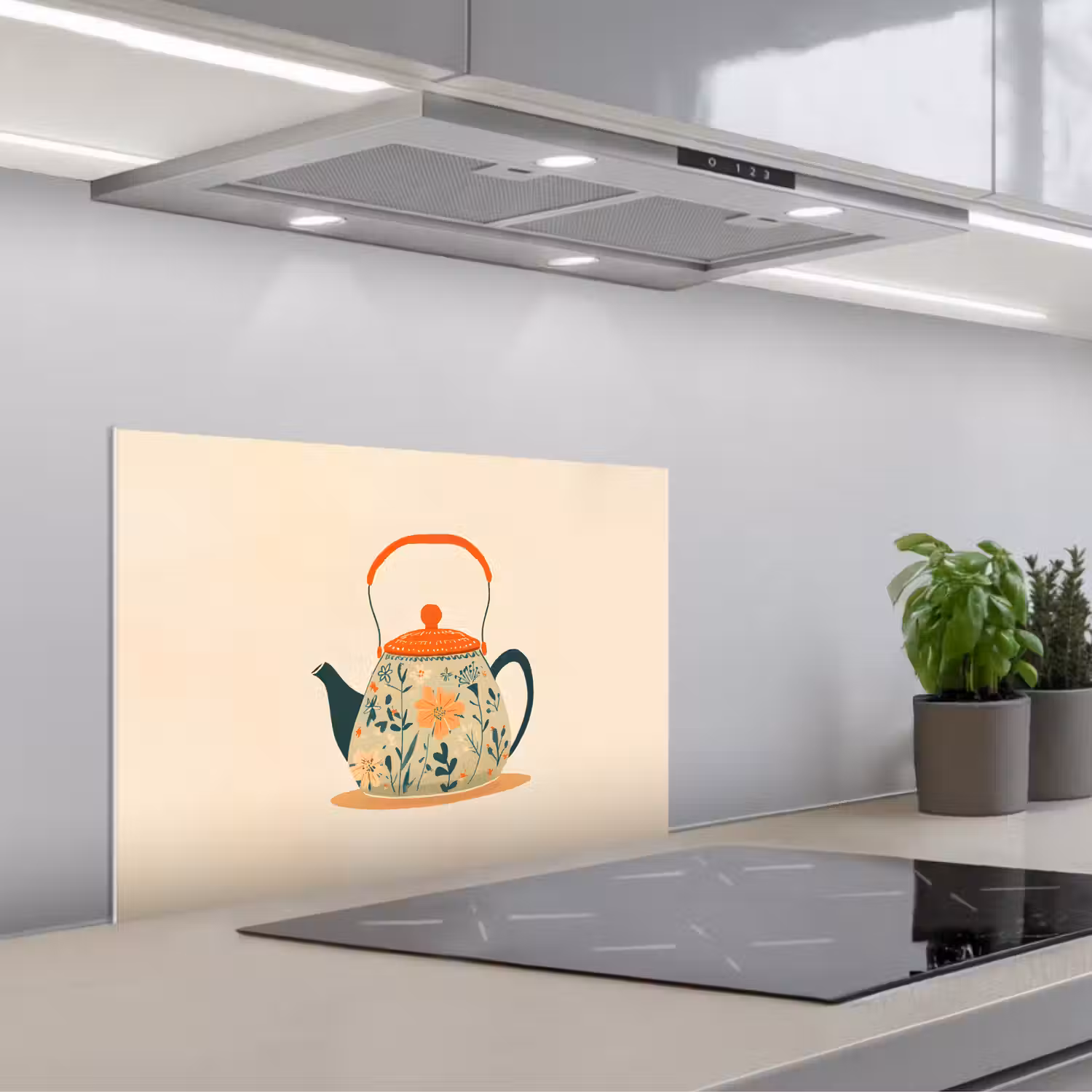 Oranje - Theepot - Bloemen - Bladeren keuken achterwand spatscherm klein -3d_schuin