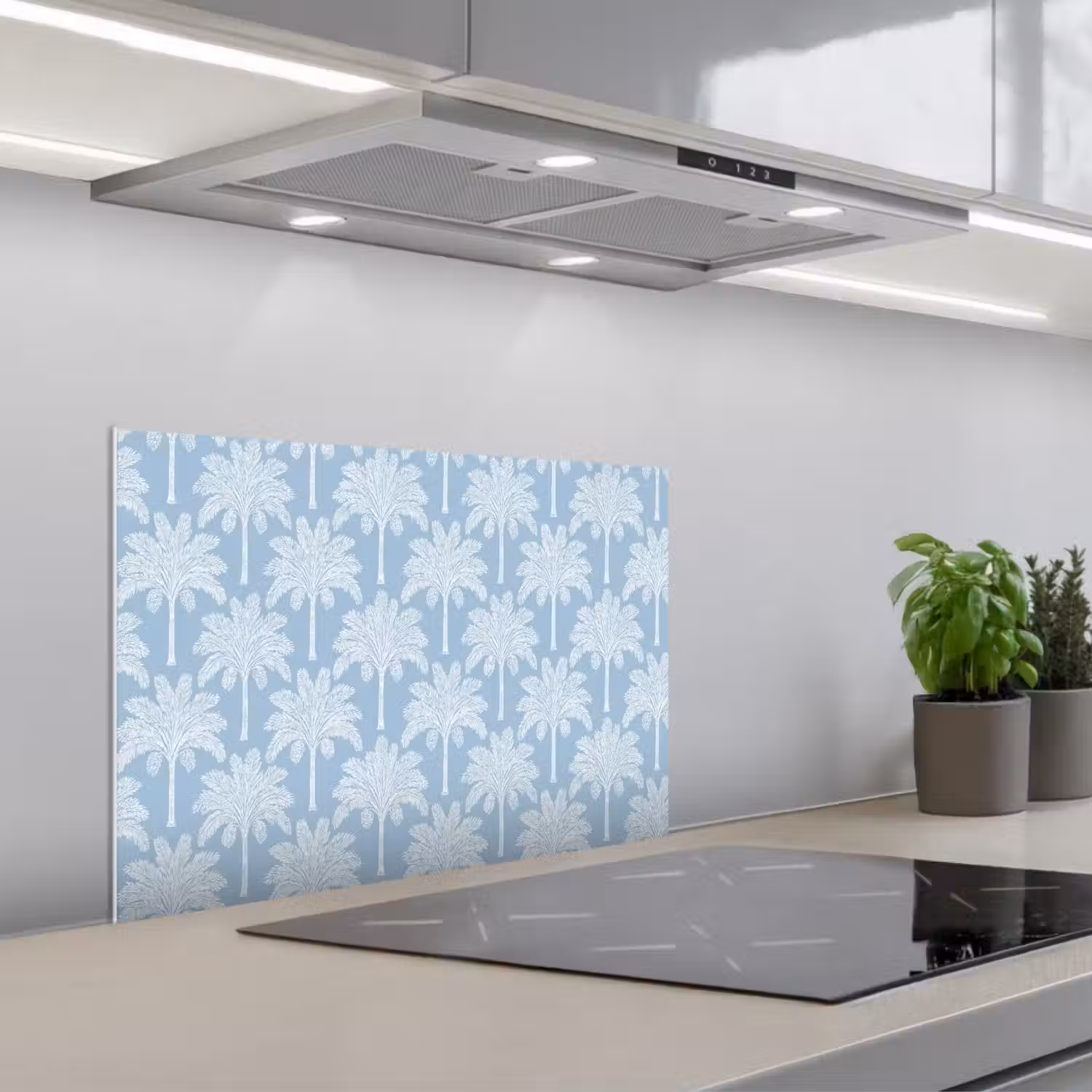 Palmboom - Modern - Blauw keuken achterwand spatscherm klein 900 -3d_schuin