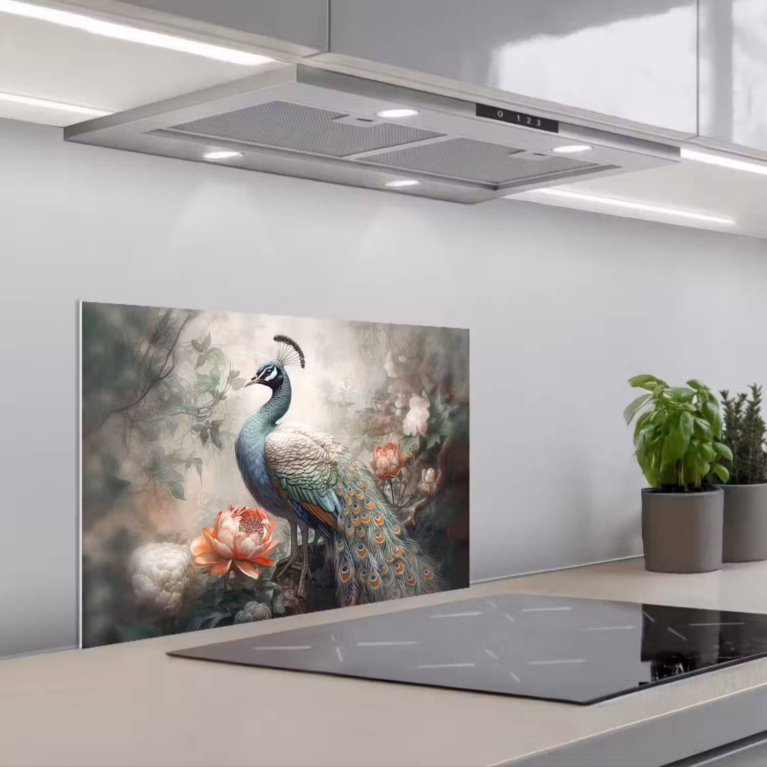 Pauw - Pauwenveren - Vogel - Jungle - Bloemen keuken achterwand spatscherm klein -3d_schuin