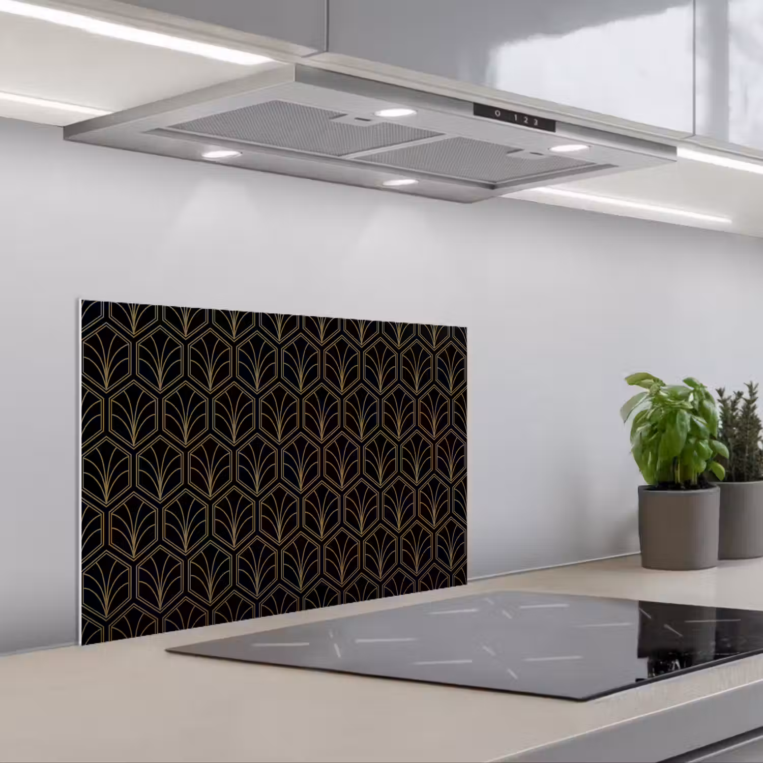 Pijlvorm - Waaier - Goud keuken achterwand spatscherm klein 900 -3d_schuin