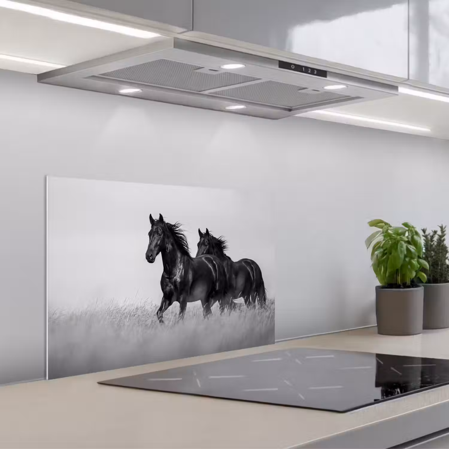 Paarden - Gras - Zwart - Wit keuken achterwand spatscherm klein -3d_schuin