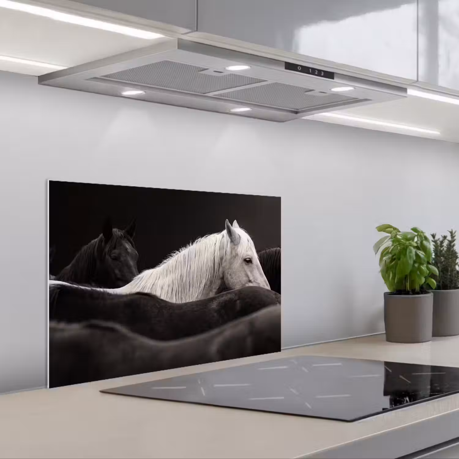 Paarden - Zwart - Wit - Kudde keuken achterwand spatscherm klein -3d_schuin