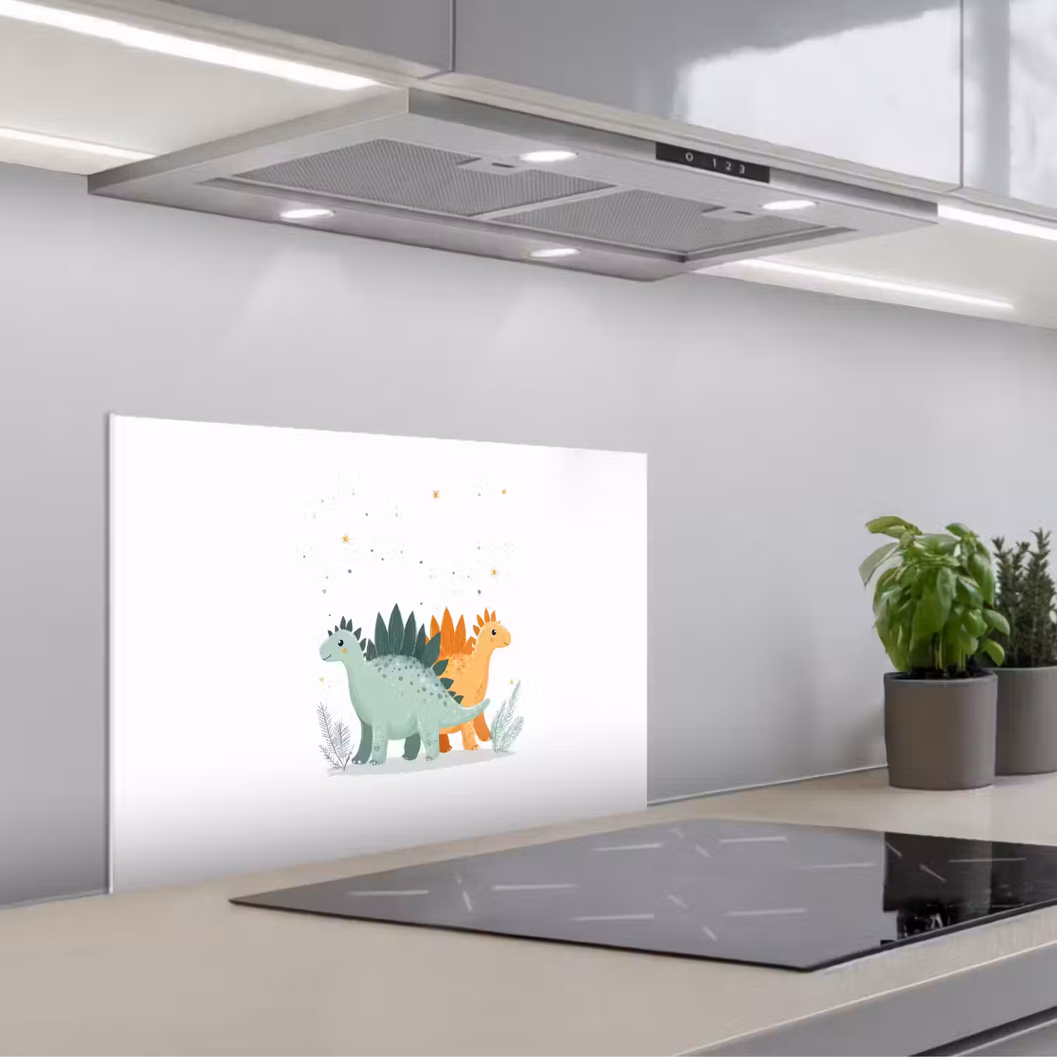 Planten - Sterren - Dinosaurussen - Oranje keuken achterwand spatscherm klein -3d_schuin