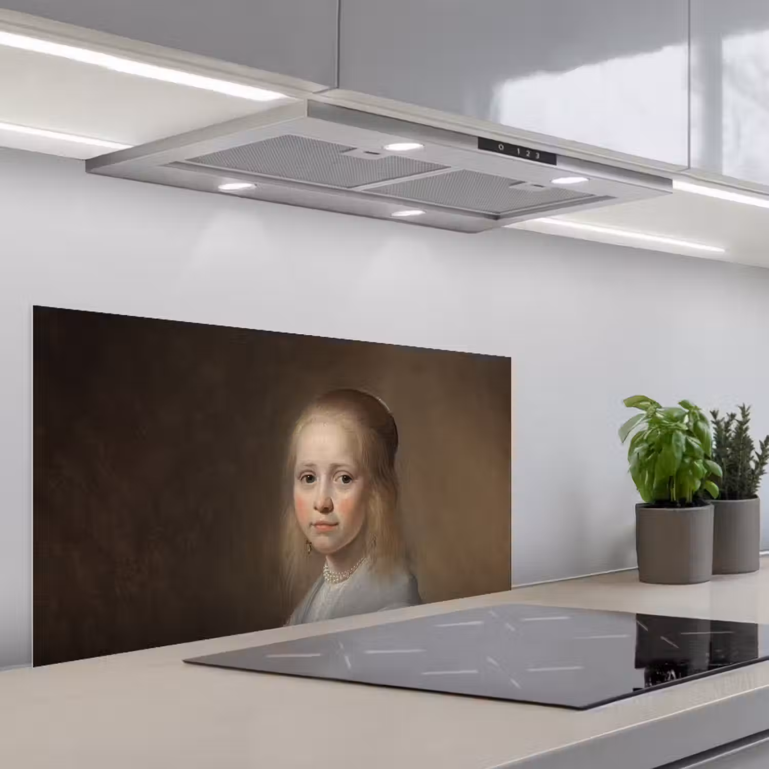 Portret van een meisje in het blauw - Schilderij van Johannes Cornelisz. Verspronck keuken achterwand spatscherm middel -3d_schuin