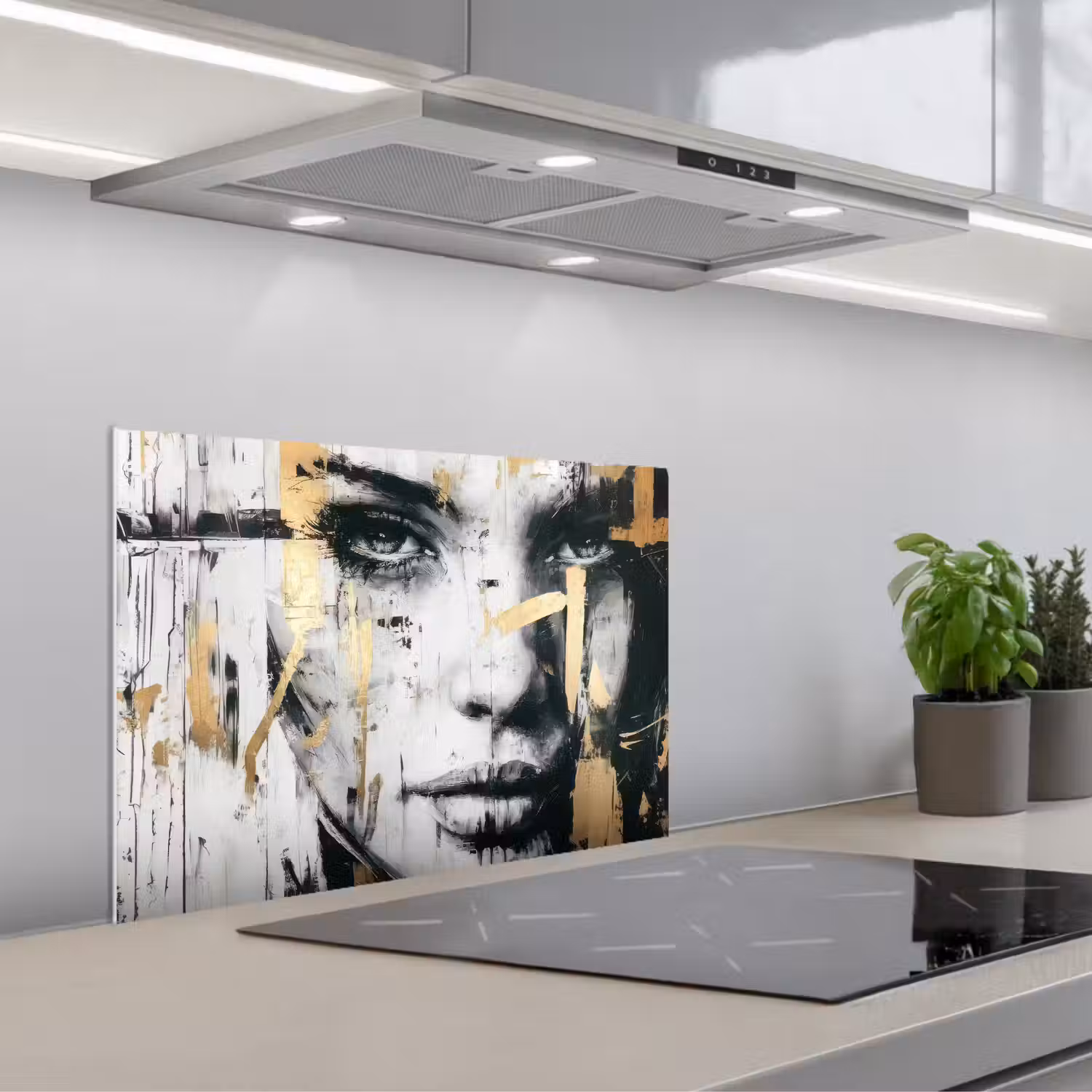 Portret - Vrouw - Penseelstreken - Goud keuken achterwand spatscherm klein -3d_schuin