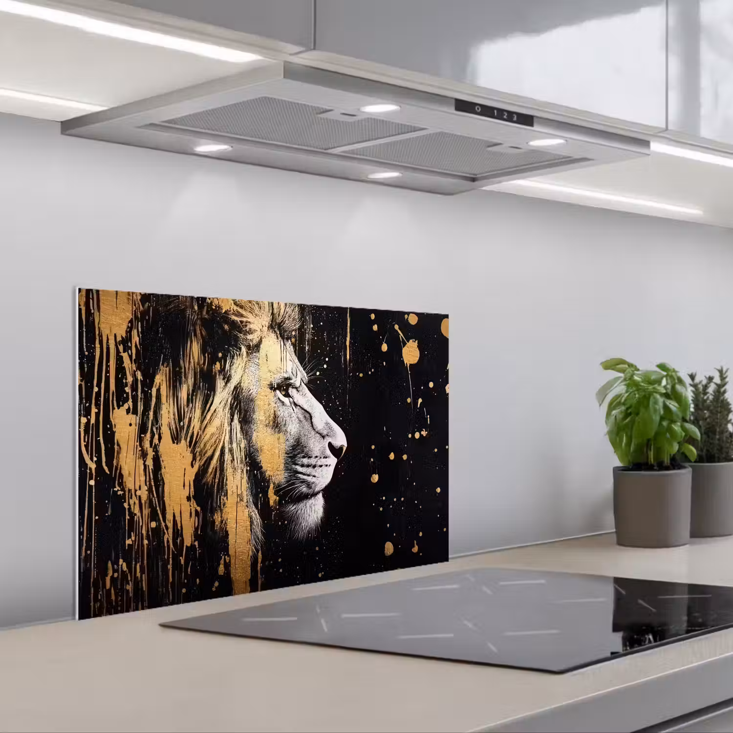 Portret - Leeuw - Abstract - Goud keuken achterwand spatscherm klein -3d_schuin