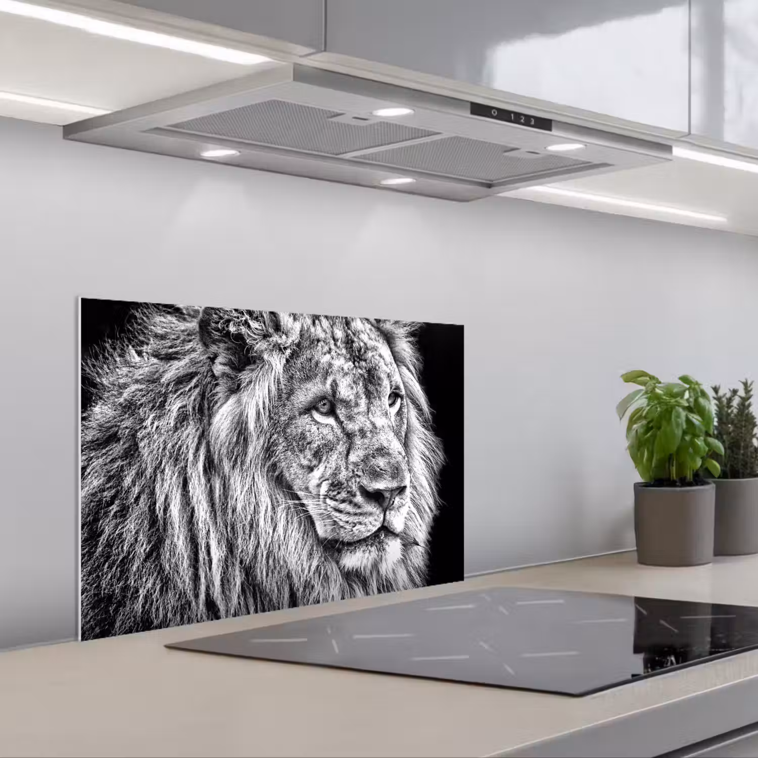 Portret - Leeuw - Zwart wit keuken achterwand spatscherm klein -3d_schuin
