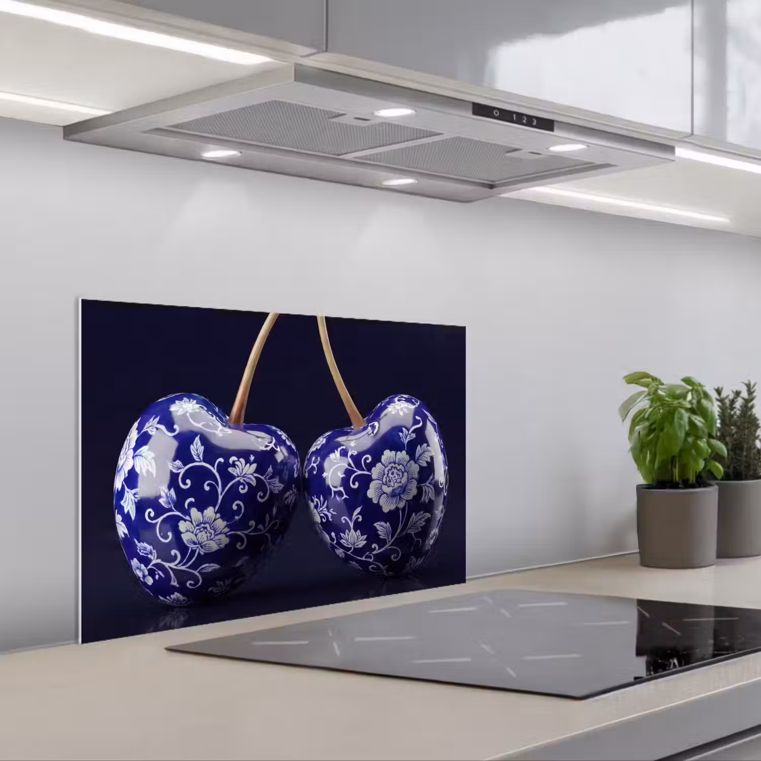 Porselein- Kersen - Delfts - Blauw keuken achterwand spatscherm klein -3d_schuin