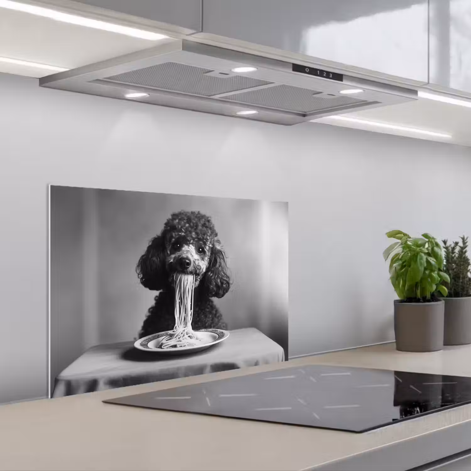 Poedel - Hond - Zwart - Wit - Schattig - Pasta keuken achterwand spatscherm klein -3d_schuin