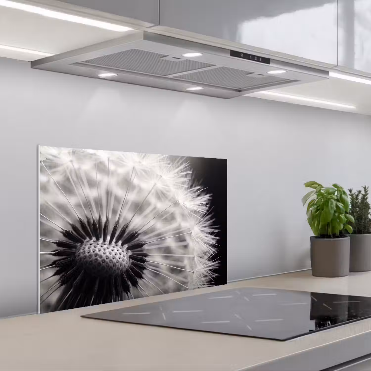Paardenbloem - Zwart - Wit keuken achterwand spatscherm klein -3d_schuin