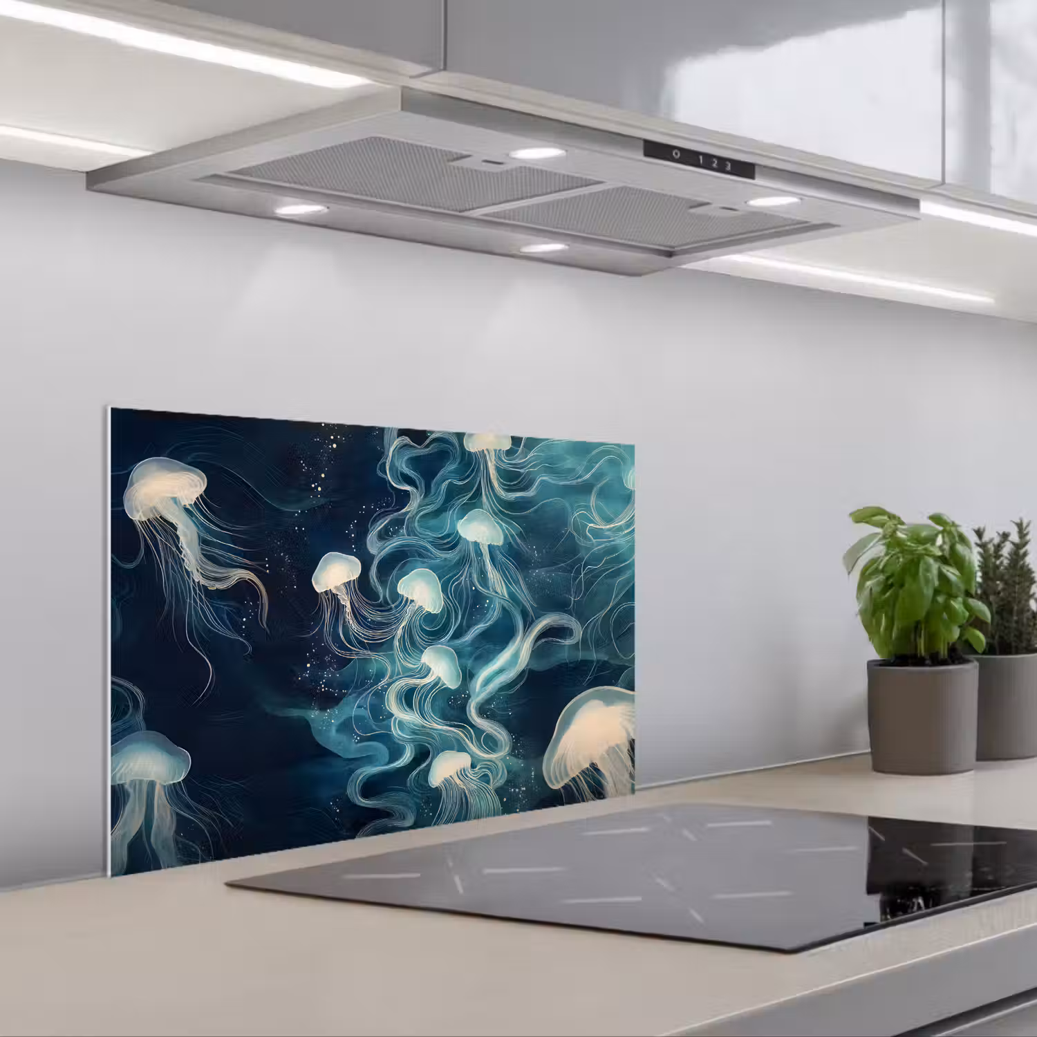 Kwallen - Zee - Wit - Golven keuken achterwand spatscherm klein -3d_schuin
