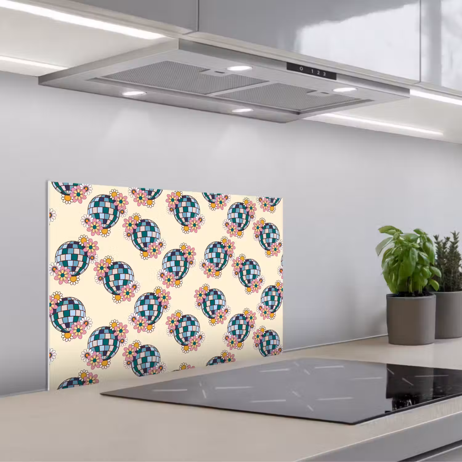 Retro - Disco - Bloemen - Discobal keuken achterwand spatscherm klein 900 -3d_schuin