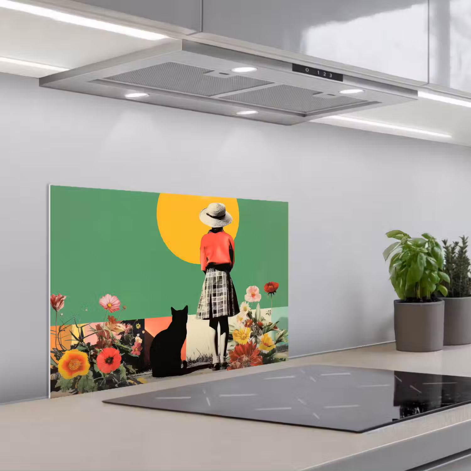 Retro - Meisje - Kat - Zon keuken achterwand spatscherm klein -3d_schuin