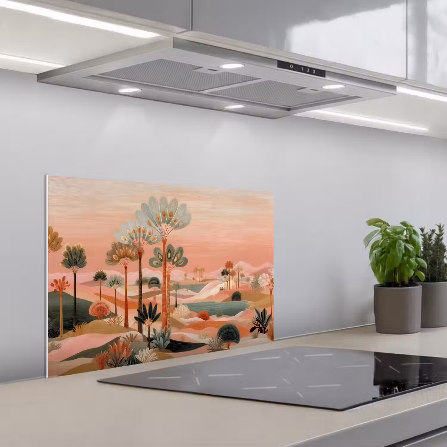 Roze landschap - Palmen - Water keuken achterwand spatscherm klein -3d_schuin