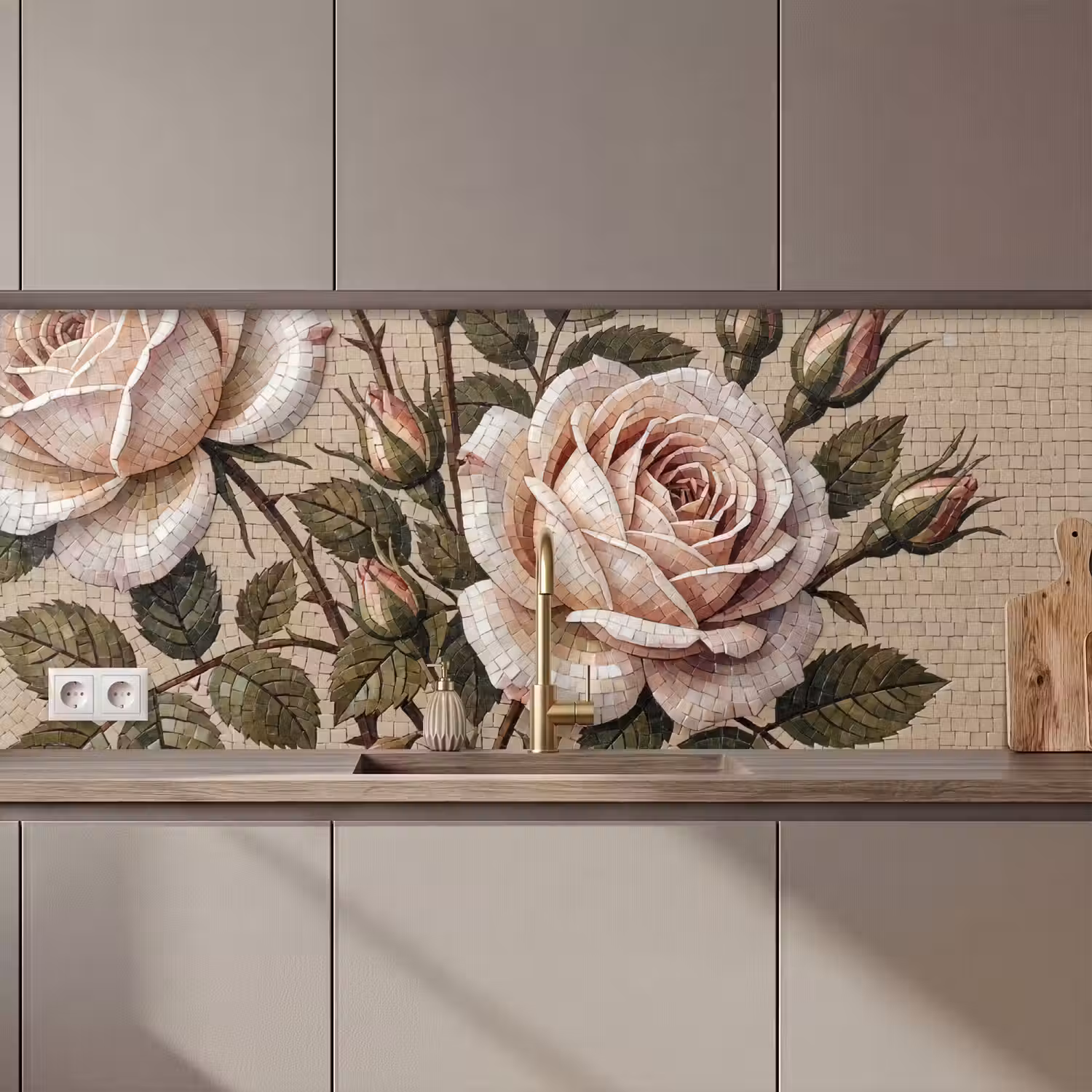 Roos - Mozaïek - Bloemen - Klassiek - Beige keuken achterwand 2 middel zz_3dshopping