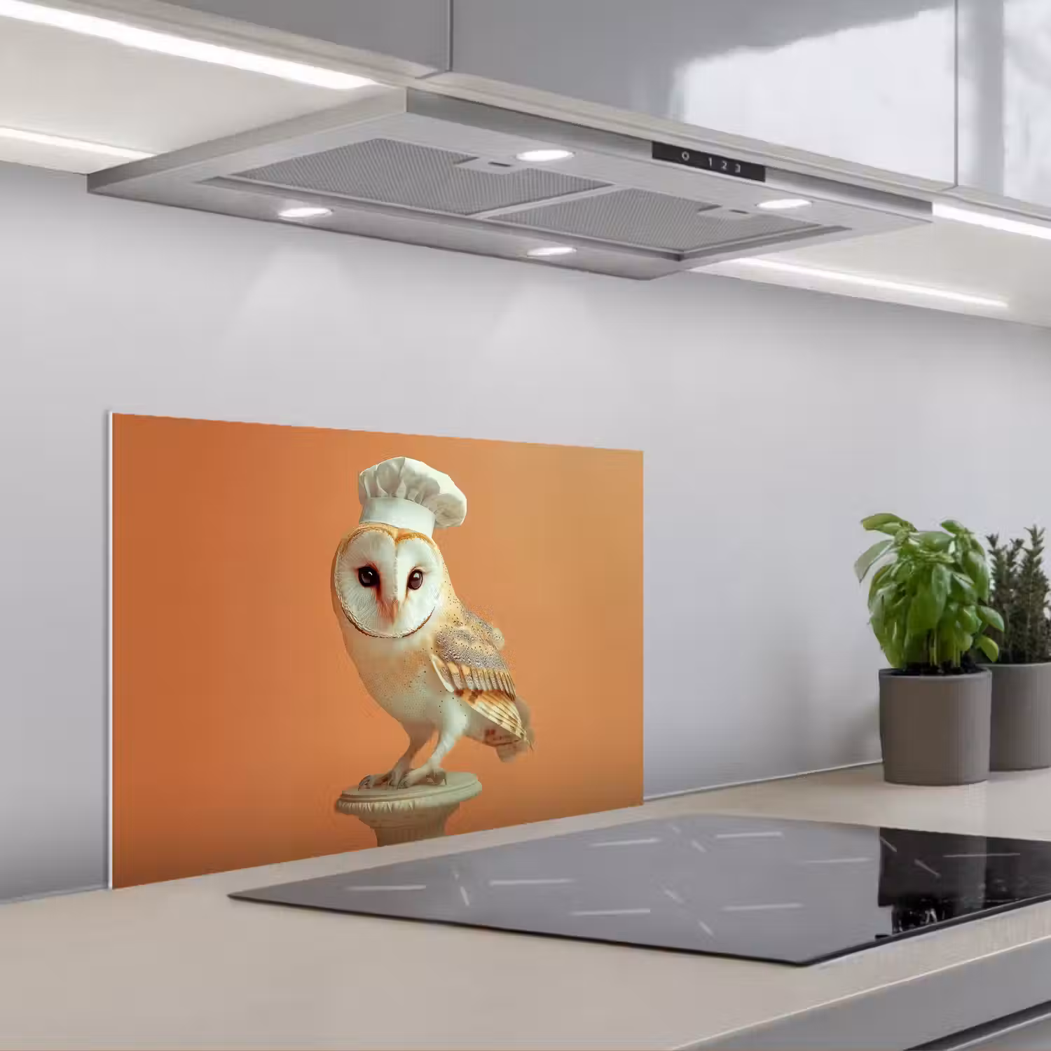 Kerkuil - Koksmuts - Oranje - Vogel keuken achterwand spatscherm klein -3d_schuin