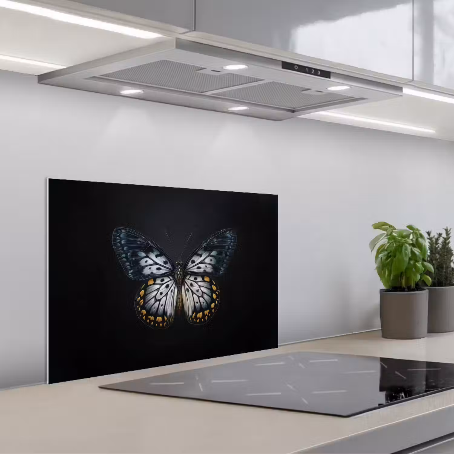 Vlinder - Monochroom - Balans keuken achterwand spatscherm klein -3d_schuin