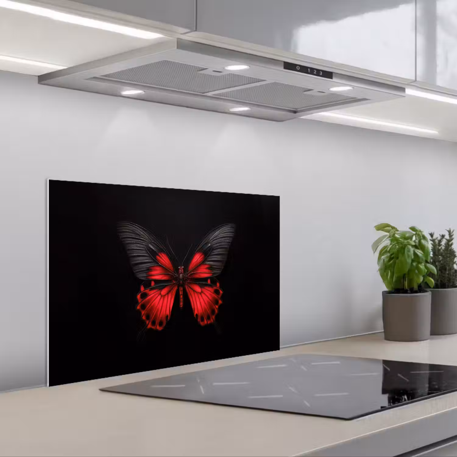 Vlinder - Rood - Contrast keuken achterwand spatscherm klein -3d_schuin