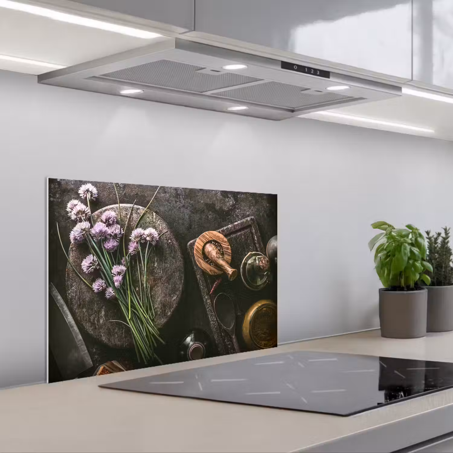 Bieslook Bloesem en Antieke Keukenwaren keuken achterwand spatscherm klein -3d_schuin