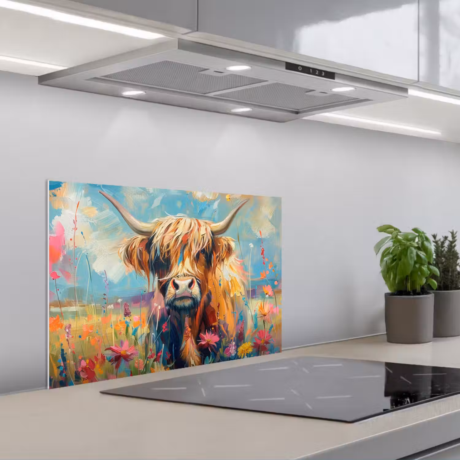 Schotse hooglander - Natuur - Kleurrijk - Bloemen keuken achterwand spatscherm klein -3d_schuin