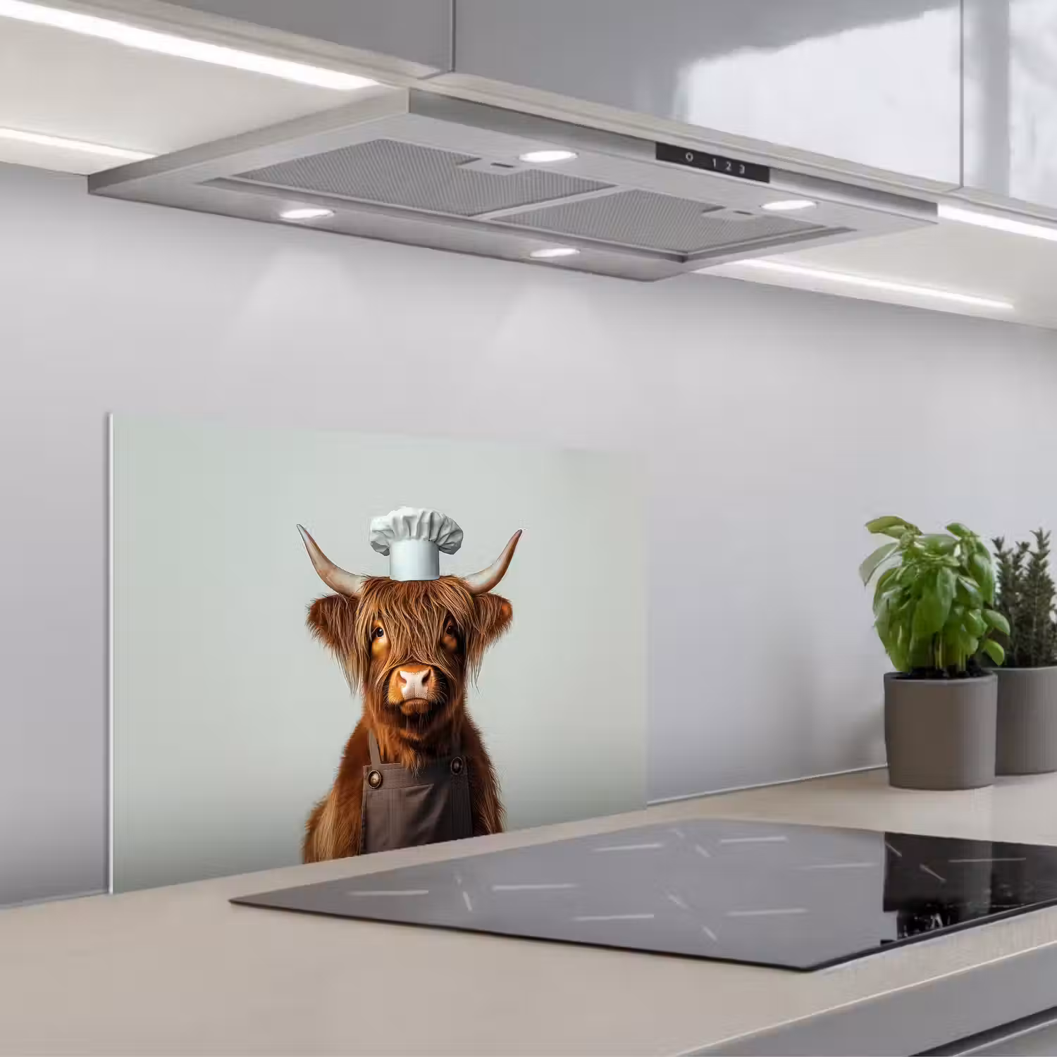 Schotse Hooglander - Bruin - Hoorns - Kokskleding keuken achterwand spatscherm klein -3d_schuin