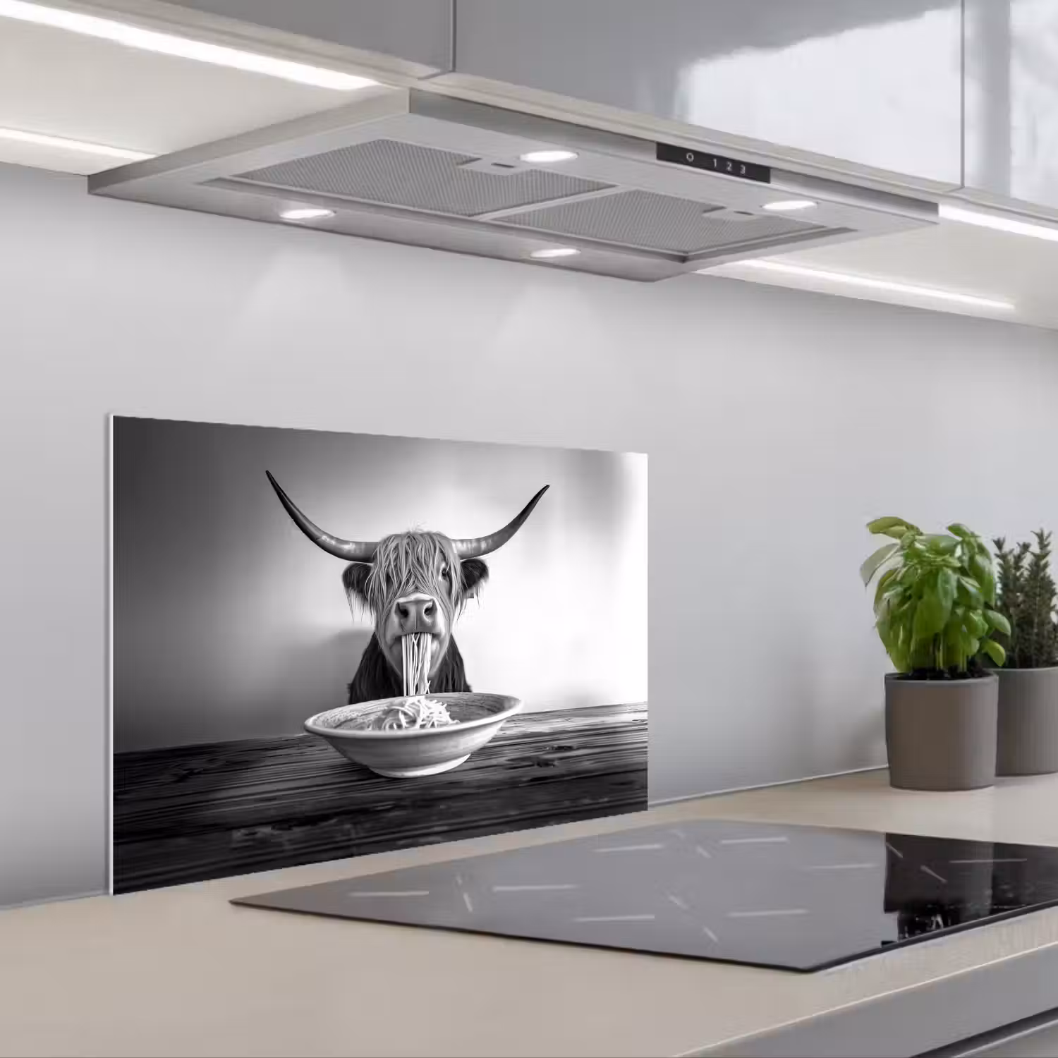 Schotse Hooglander - Spaghetti - Dieren - Zwart wit keuken achterwand spatscherm klein -3d_schuin
