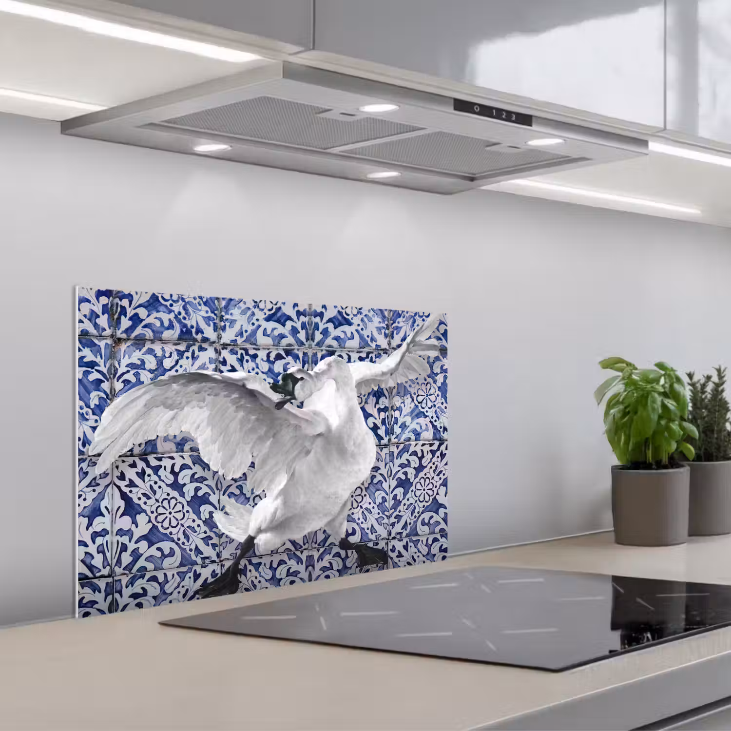 Zwaan - Kunst - Delfts blauw - Schilderij - Oude meesters keuken achterwand spatscherm klein -3d_schuin