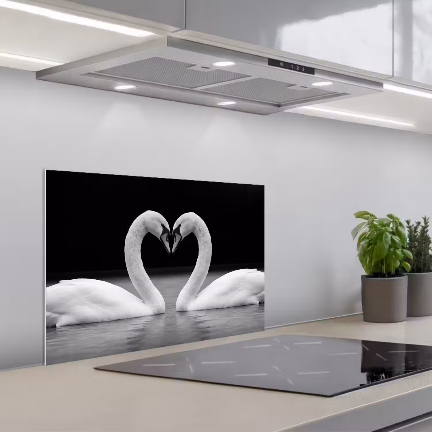 Zwanen - Hart - Zwart - Wit keuken achterwand spatscherm klein -3d_schuin