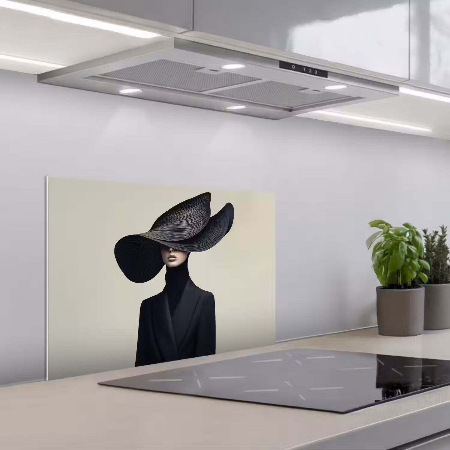 Zwart - Vrouw - Hoed keuken achterwand spatscherm klein -3d_schuin