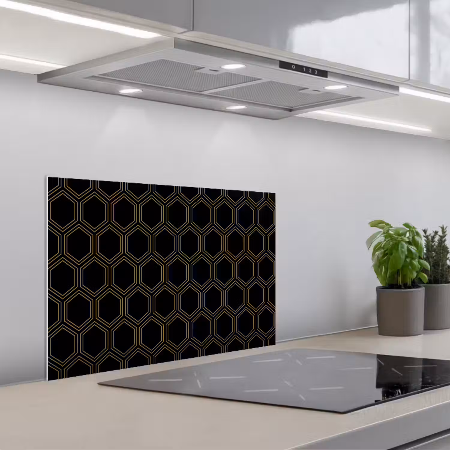 Zwart - Goud - Zeshoek keuken achterwand spatscherm klein 900 -3d_schuin