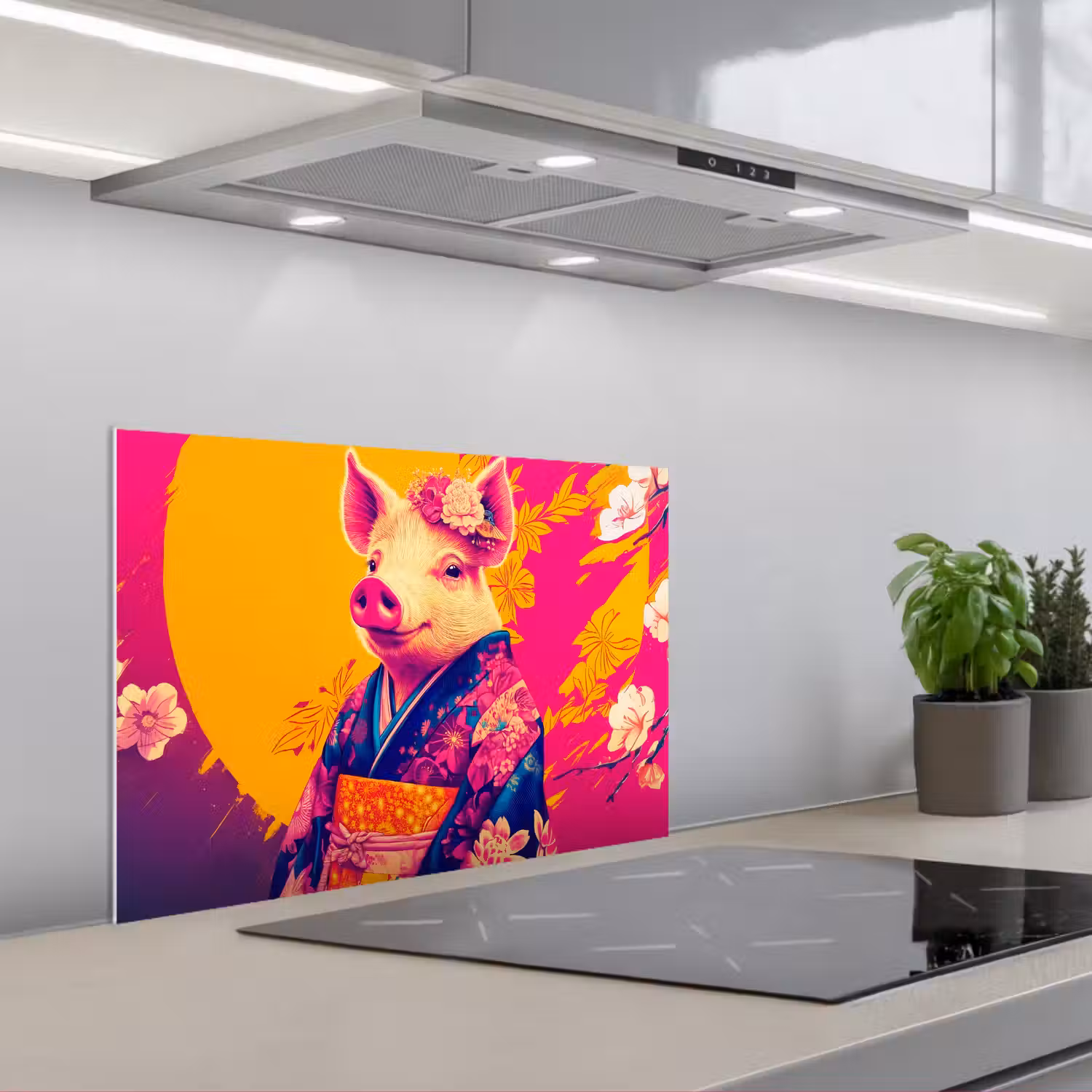 Varken - Bloemkroon - Kimono - Abstract keuken achterwand spatscherm klein -3d_schuin